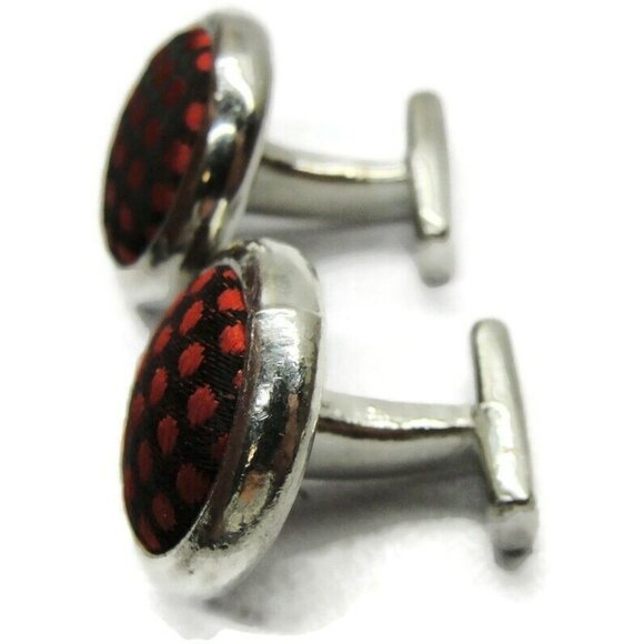 Cufflinks Silver Red Plaid Fabric Insert Tux Shirt Dress Suit Vintage - Picture 7 of 7